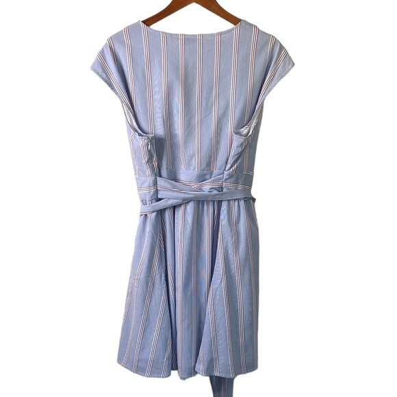 Vineyard Vines Nicholls Stripe Seersucker Tie-Waist Dress Cap Sleeve Bimini Blue - Picture 2 of 16